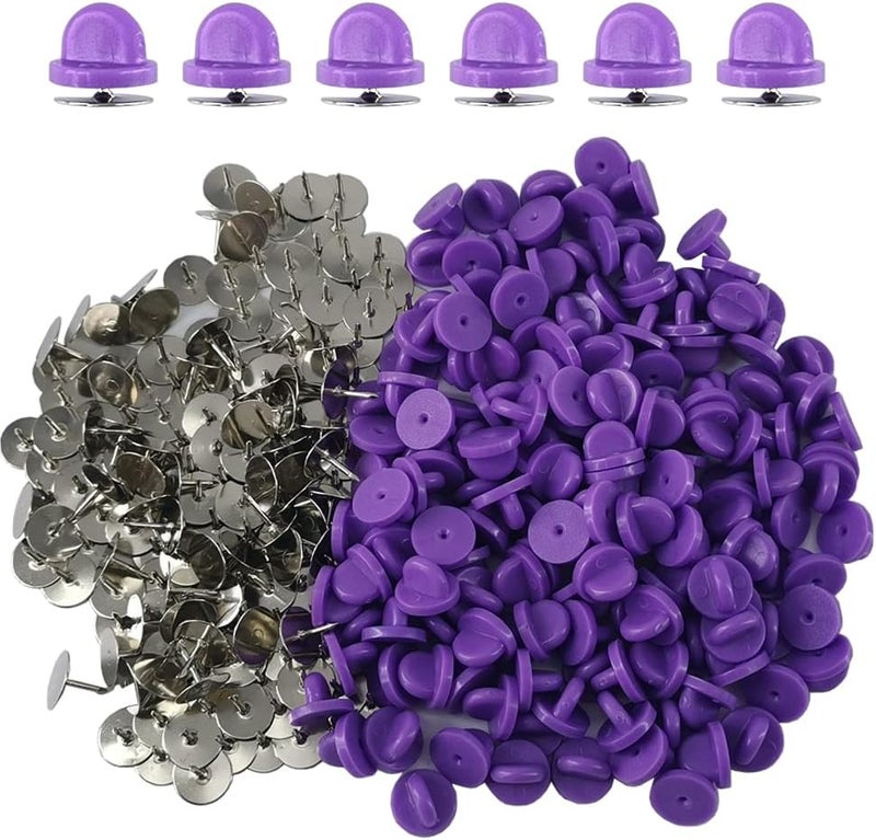Ruidee 200 Pieces/100 Set Rubber Pin Backs with Tie Tacks Blank Pins, PVC Rubber Pin Back for Uniform Badges Backing Holder Clasp Lapel Pin（Purple） - Image 1